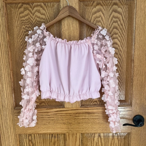 SHEIN Blush Floral Mesh Sleeve Blouse - Picture 2 of 2